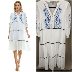 Figueroa & Flower Boho Embroidered Midi Dress White Blue Peasant S‎